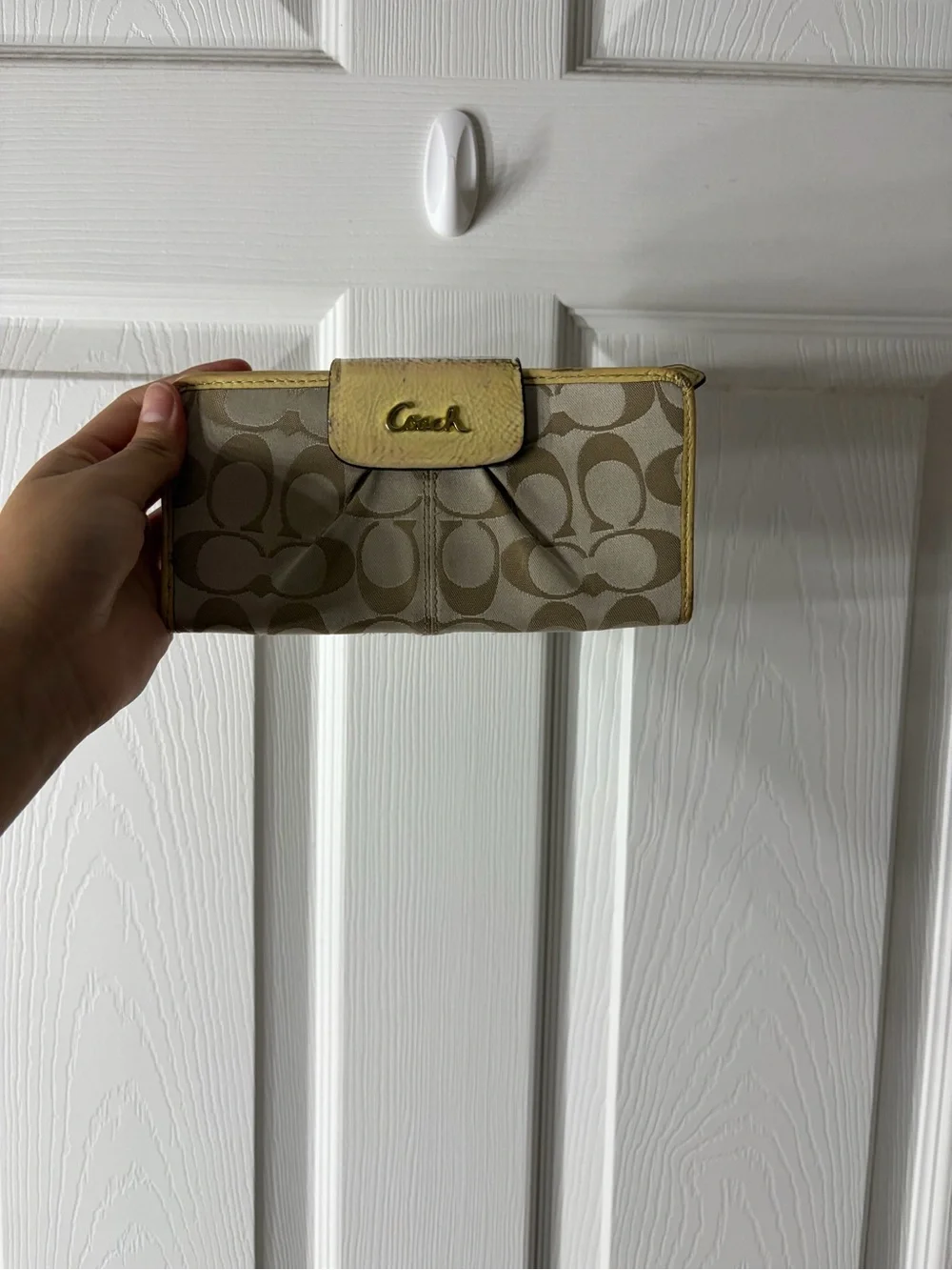 Coach Beige Signature Canvas Wallet with Yellow Trim